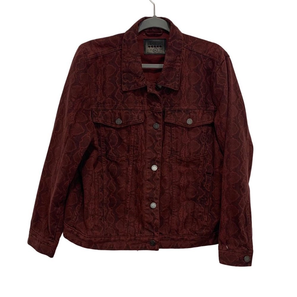 BLANK NYC Maroon Snakeskin Print Denim Jean Trucker Jacket
